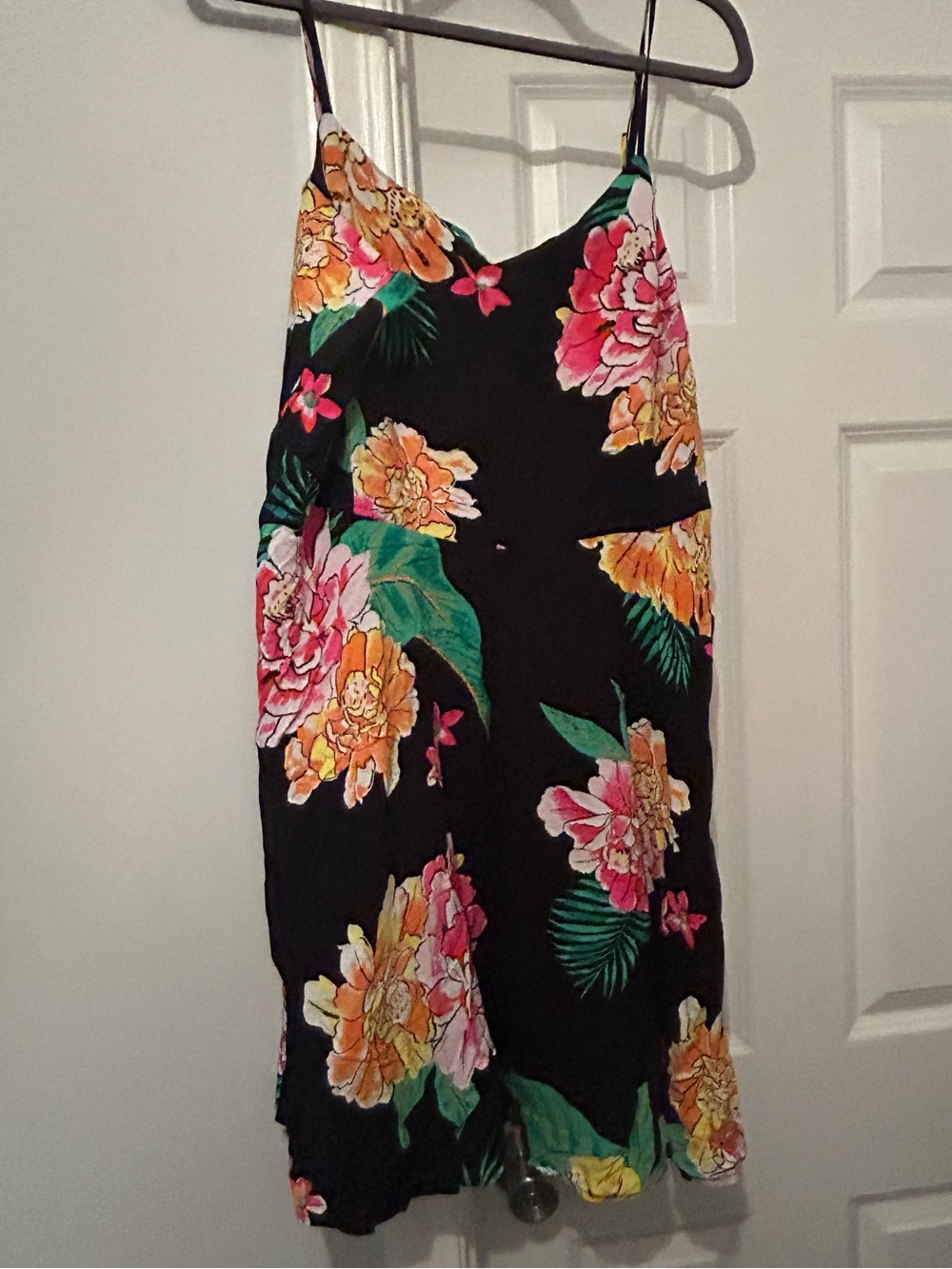 Old Navy Black Slip Dress with Pink, Orange and Green Tropical Print